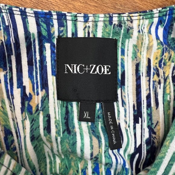 Nic+Zoe Dress XL Blue Geometric Gathered Waist Twist Stretch Knit Sleeveless - Picture 11 of 13